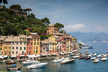 The incredibly beautiful Italian coastal town of Portofino in panoramic view