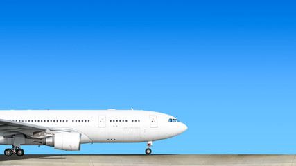 heavy passenger jet engine airplane on runway at airport against blue sky with aircraft nose parts...