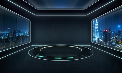 Futuristic pure white interior design of modern showroom with large windows and city urban landscape . Mixed media . © jamesteohart