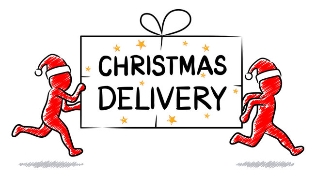 CHRISTMAS DELIVERY: Running figures with red caps deliver gift pack / shaded vector drawing
