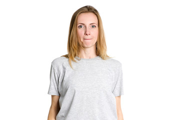 Fototapeta premium Young woman squeezed her lips to remain silent. Mute.