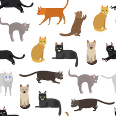 Cartoon Different Types Cute Cats Characters Seamless Pattern Background. Vector