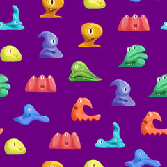 Different Types Cute Jelly Monsters Characters Seamless Pattern Background. Vector