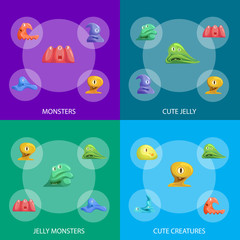 Different Types Cute Jelly Monsters Characters Banner Set. Vector