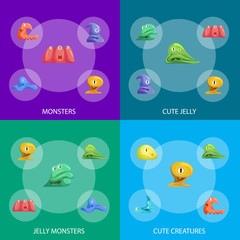 Different Types Cute Jelly Monsters Characters Banner Set. Vector