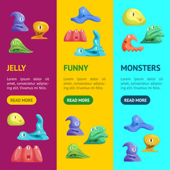 Different Types Cute Jelly Monsters Characters Banner Vecrtical Set. Vector