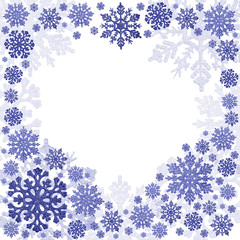 blue heart shape snowflakes frame on white