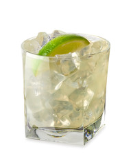 Vodka lime, gimlet or gin tonic with ice in glass on white background