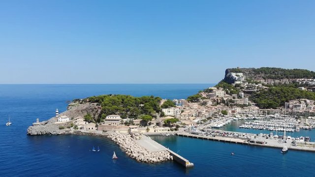 Flight over the bay of Port de Soller in Mallorca Tramuntana Mountains