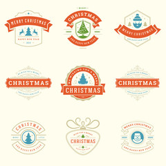 Christmas labels and badges vector design elements set.