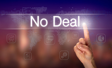 A hand selecting a No Deal business concept on a clear screen with a colorful blurred background.