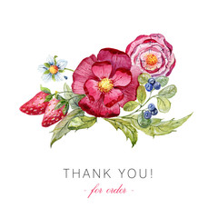 Flower watercolor card. Thank you illustration.