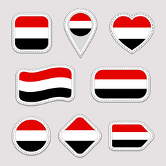 Yemen flag stickers set. Yemeni national symbols badges. Isolated geometric icons. Vector official flags collection. Sport pages, patriotic, travel, school, design elements. Different shapes.
