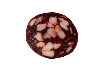 Slice of salami sausage isolated on white background