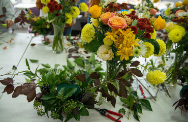 Master class on floristics and the creation of an autumn bouquet for a wedding, bouquets with flowers, a special floral tool