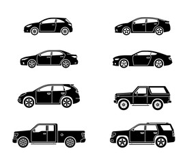Set of personal cars. Set of automobiles in flat style. Sedan, sport coupe car, hatchback, offroad suv, pickup. Side view.