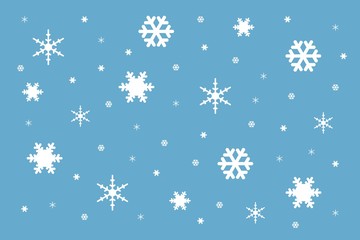 Texture from white snowflakes of different form and size on the light blue background