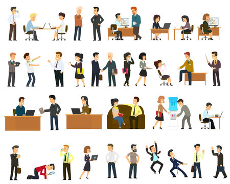 Large set of vector flat character design on businessman working and presenting process gestures, actions and poses.