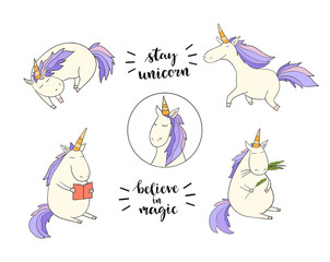 Set of funny unicorns on the white background. Vector illustration. magic art for poster, invitations, cards, badge, icon, banner, stickers. Hand lettering phrases: stay unicorn, believe in magic