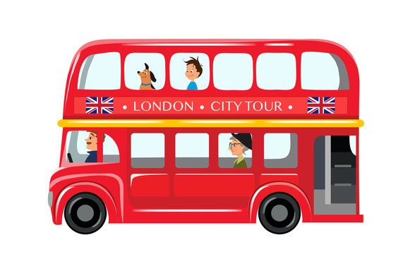 Vector illustration isolated on white background. English red double-decker bus side view flat style. Element infographic, website, icon, postcards, place for text. Cute and funny characters inside