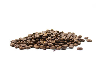 Pile of coffee beans isolated on white background.