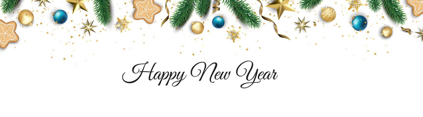 Banner with Christmas balls and stars. Great for New year party posters, headers.