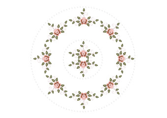 White background with a frame of beads and wreath of embroidered pink roses with leaves and curls
 