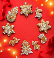 Christmas holidays ornament flat lay; Christmas card background