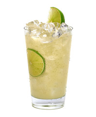 Lemonade with ice and slice in glass on white background
