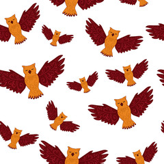 Seamless pattern with owls in doodle style on white. Hand drawn vector background of cute birds. Design for prints and T-shirts,wrapping paper wallpaper