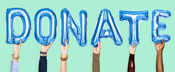 Blue alphabet balloons forming the word donate
