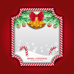 Fototapeta na wymiar Christmas banner template with illustration of frame red and white window with garland decoration with bell on snow. vector graphic design.