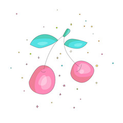 Cute fun cartoon cherry with leaves illustration. Two cherries icon isolated on white background with decorative elements. Tasty funny cartoon pink cherry icon