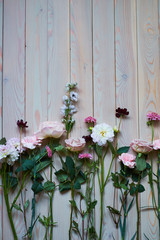young flowers on rustic wooden boards background