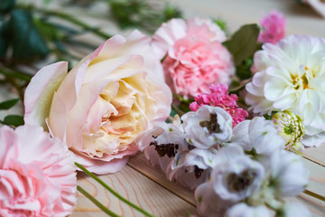 young flowers on rustic wooden boards background