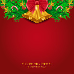 Christmas banner template with illustration of garland decoration with gold bell. vector graphic design.