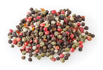 Mixed of diffrent kind peppercorns isolated on white background