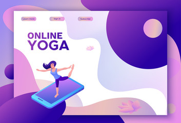 Yoga isometric concept or website template, 3d women doing physical exercises and watching online classes via smartphone or laptop, mobile app background, illustration of meditating in different pose