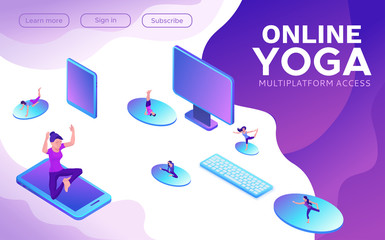 Fototapeta premium Yoga isometric concept or website template, 3d women doing physical exercises and watching online classes via smartphone or laptop, mobile app background, illustration of meditating in different pose