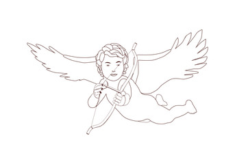 Cupid with bow and arrow. Little angel is aiming from the bow.	