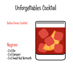 Negroni alcoholic cocktail vector illustration recipe isolated