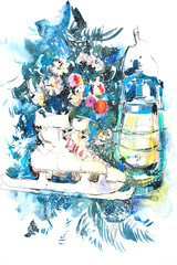 Watercolor winter New Year Christmas still life