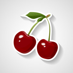 Cherry sticker vector illustration. Cartoon sticker with white contour in comics style.