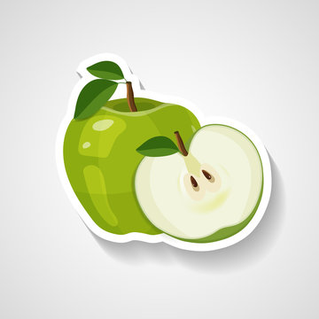 Green apple sticker vector illustration. Cartoon sticker with white contour in comics style.