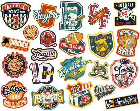 Cute vector collection of college sports athletic badges for children wear print or embroidery