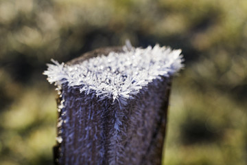 Close up of frozen piece of old wood covered in hoarfrost ice crystals  on blurred background