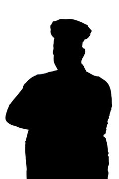recommend clip art: silhouette of a pot-bellied good-natured funny chef in a hat, male cooker folded his arms over his chest on a white isolated background, food industry concept