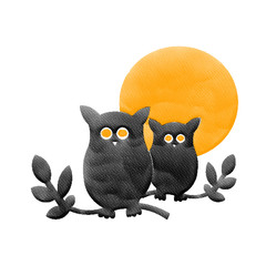 Halloween two black owl and orange moon,water color painting picture.