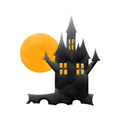 Halloween one black castle and orange moon,water color painting picture.