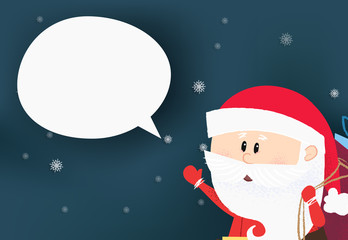 Christmas greeting card design. Santa Claus carrying sack on blue background with snowflakes, speech bubble for your text. Vector can be used for banners, posters, flyers and brochures